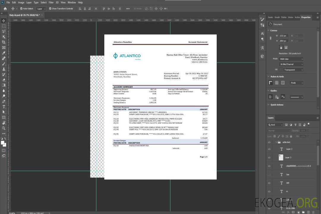 Relevé bancaire d'Atlantico en Namibie template Relevé bancaire d'Atlantico en Namibie template
